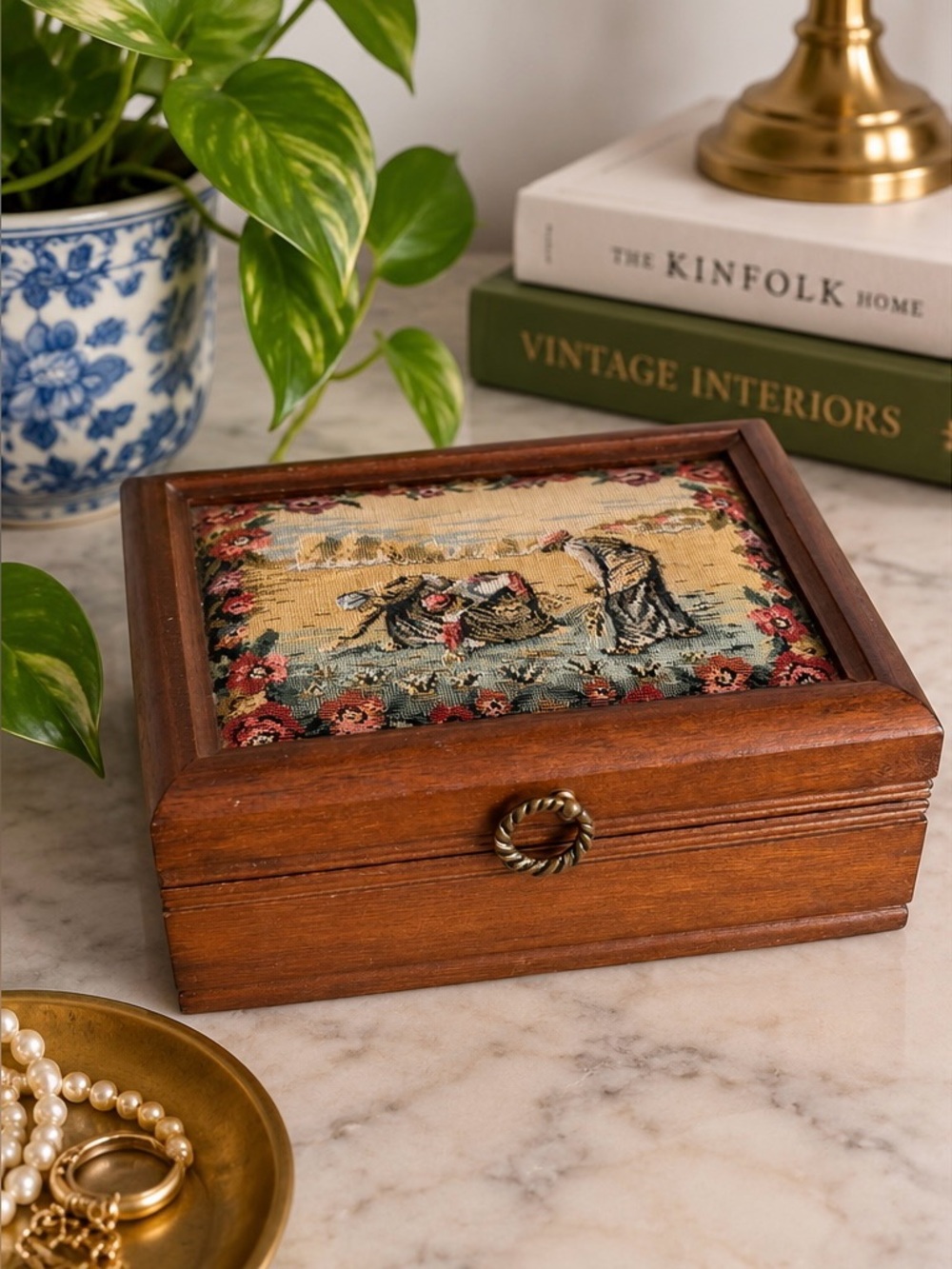 Vintage Wooden Jewelry Box Tapestry Lid Mirror Mustard Velvet Compartments